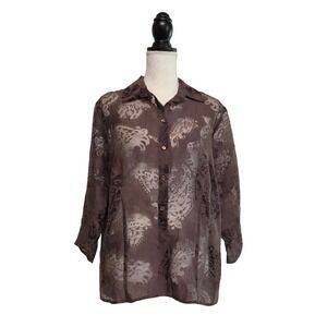Y2K Brown Sheer Mesh Paisley Button Front Shirt Size XL Whimsigoth Grunge